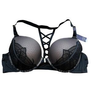 Cacique Women's Push Up Bra 48B Black Lace Front Closure Strappy Racerback